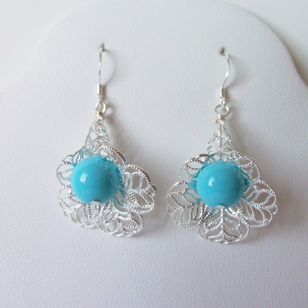 Blue shell silver plated earrings, new (#880)